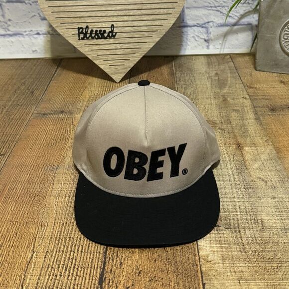 OBEY Embroidered Beige Black Logo Hat Cap SnapBack - Picture 1 of 6